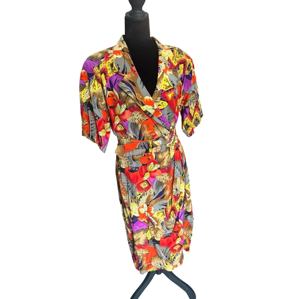 Vintage 100% Silk Tropical Floral Geometric Belted Wrap Midi‎ Dress Multicolor